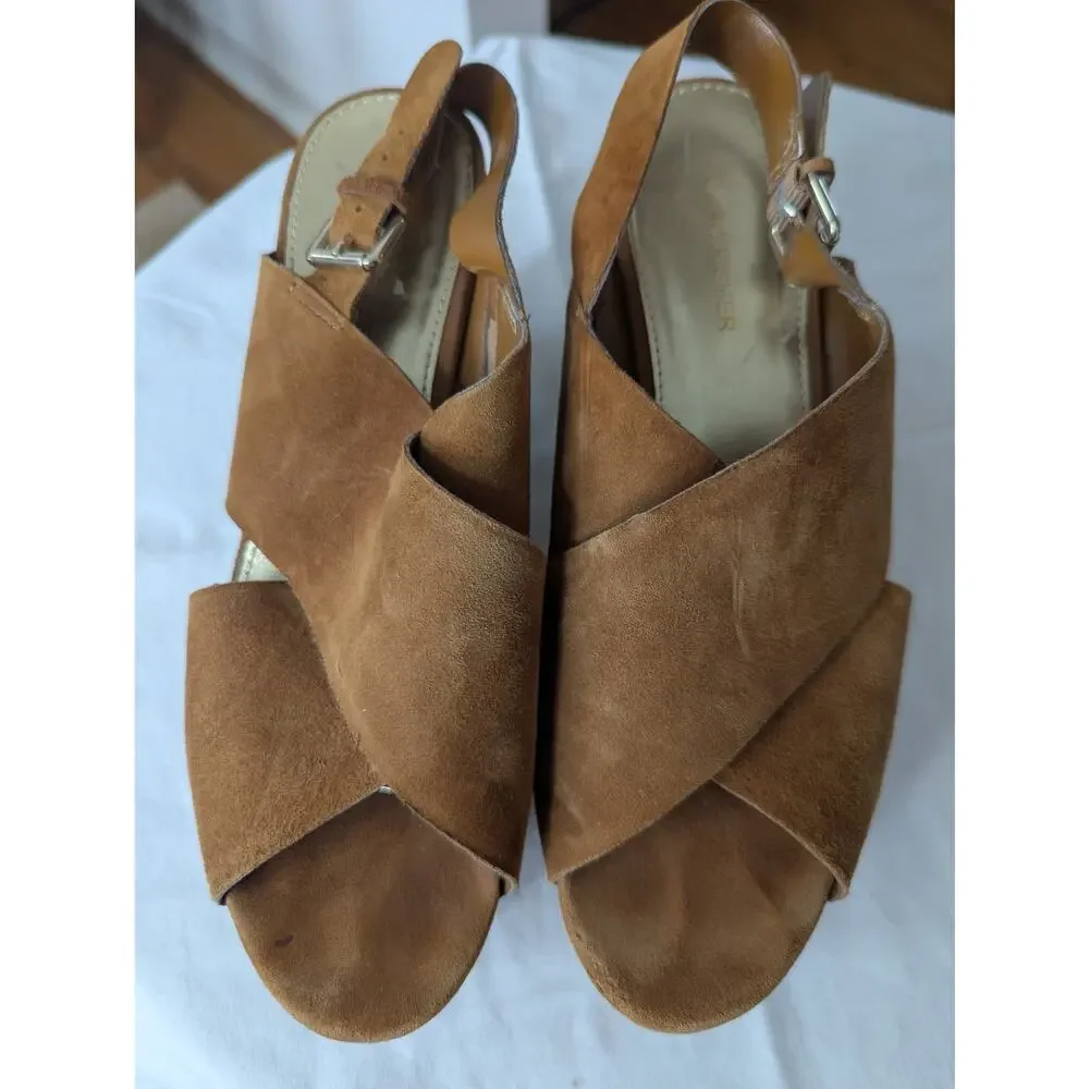 Marc Fisher Brown Suede Cork Wedge‎ Sandals Women's Size 8 Open Toe Ankle Strap